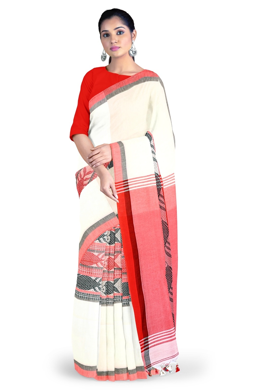 White Red Pure Cotton Marine Hand Loom Saree (1277)